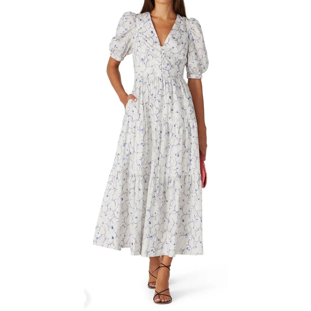 White Floral V-Neck Midi Dress with Puff Sleeves